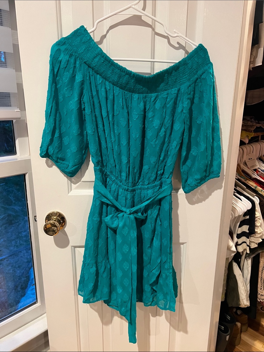 Lilly Pulitzer Teal Off-Shoulder Tie-Waist Mini Dress